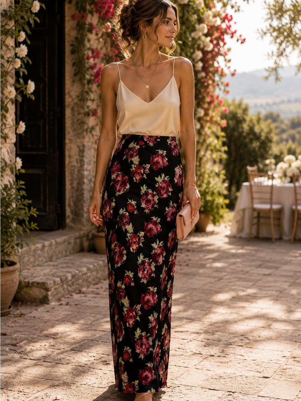 Black Floral Maxi Skirt Rose Print Cottagecore Witchy Skirt Size L